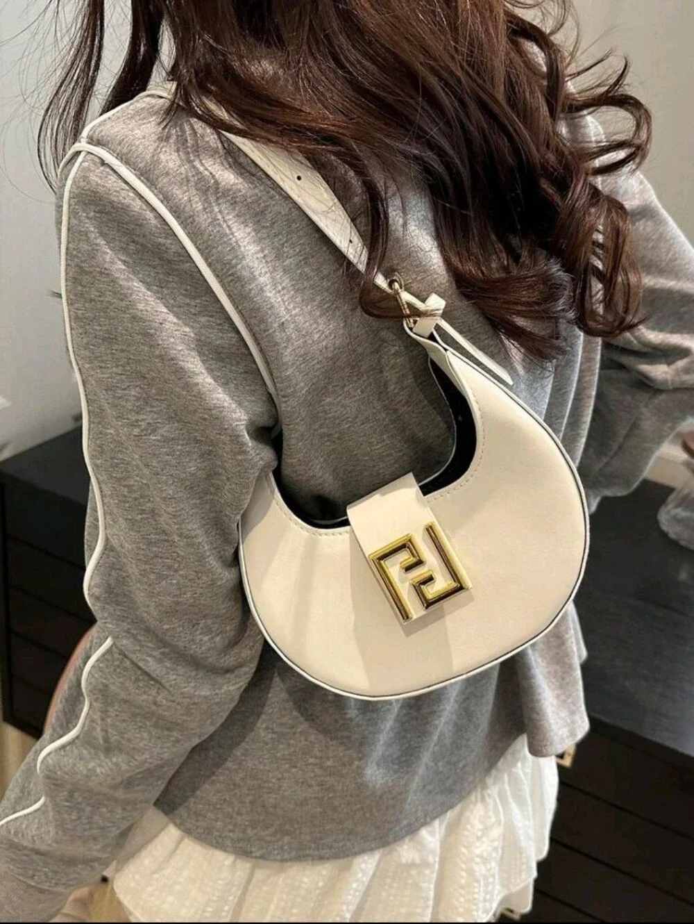 BRAND NEW ** Cream Crescent Shoulder Bag with Gold Accent